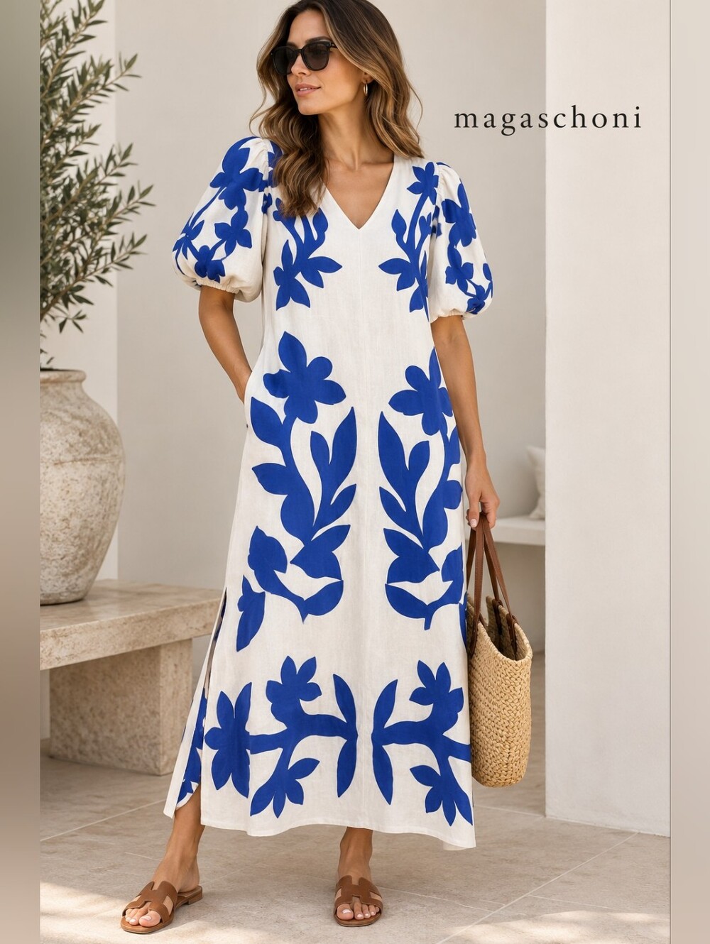 Magaschoni 100% Linen Blue Floral Puff Sleeve Maxi Dress M
